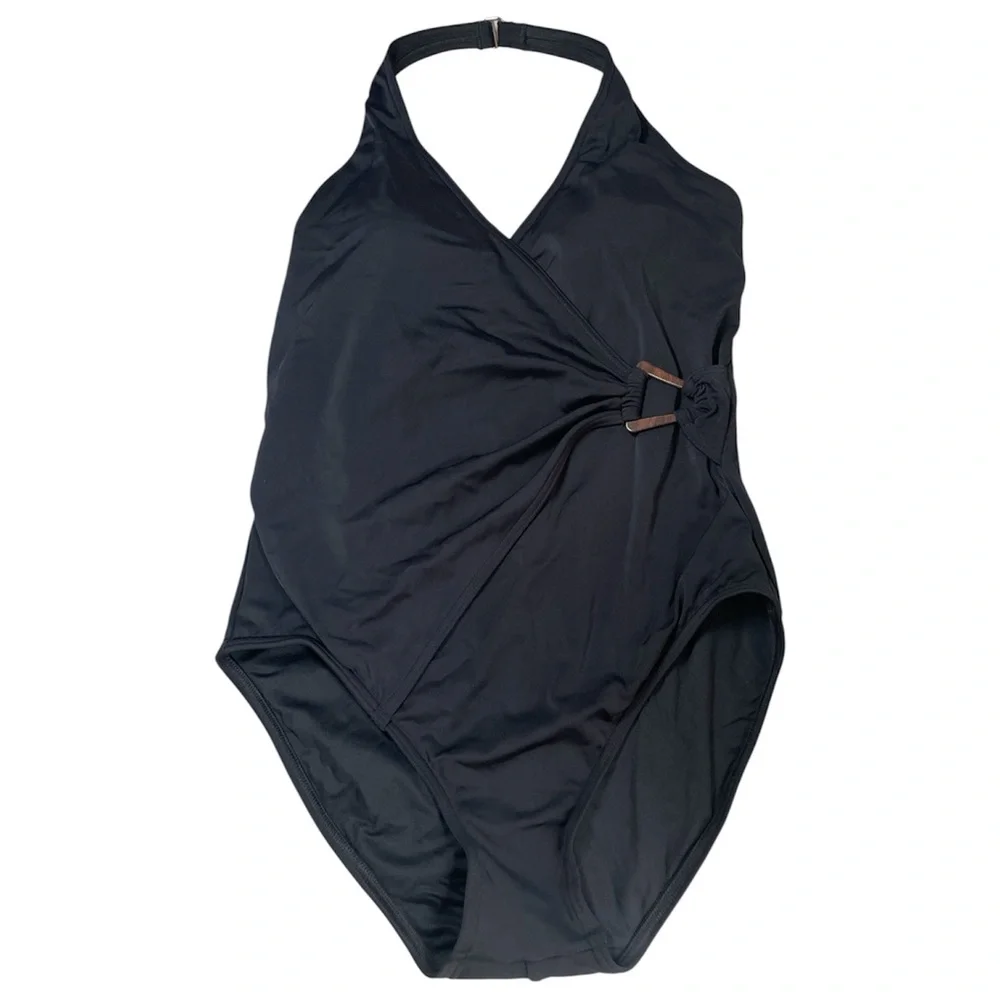 Lands End Black Faux Wrap Halter One Piece Swimsuit